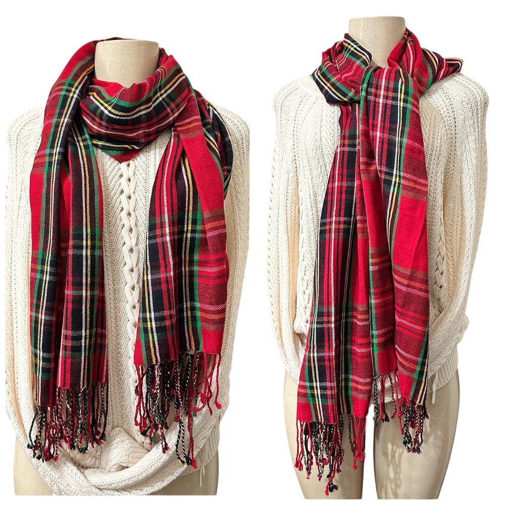 Punctuate Plaid Wool Scarf Shawl Red Black Green Yellow Fringe Wrap